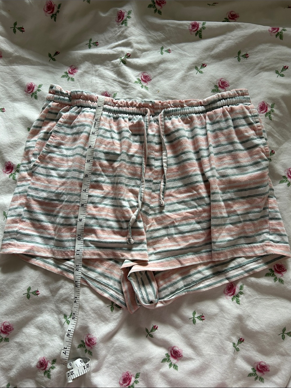 Striped Pink and Light Green Drawstring Women’s Sleep Shorts